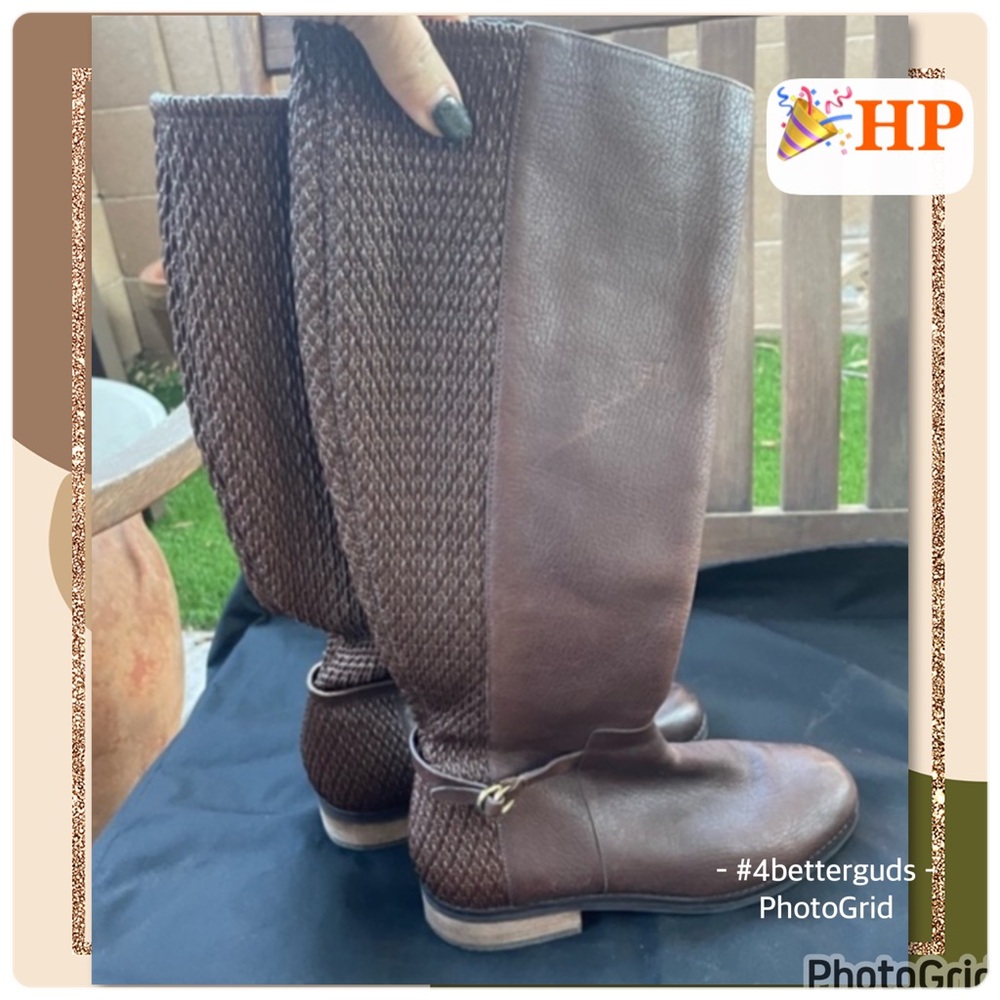 New Cole Haan Leather Moto Knee High Inside Zipper Flat 1” Heel Brown Boots 7B